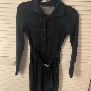 Belted dark green body con dress